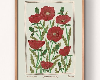 Red Poppy Art Print | Vintage Style Flower Poster | August Birth Flower | Multiple US standard sizes from 5x7 up to 24x36 inches