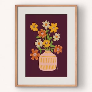 Jarrón de flores de cosmos / Impresión de arte moderno de mediados de siglo / Disponible en muchos tamaños estándar de EE. UU. desde 5x7 hasta 24x26 pulgadas