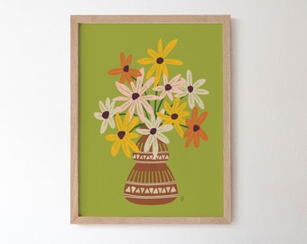 Lámina floral moderna de mediados de siglo: Jarrón retro con flores