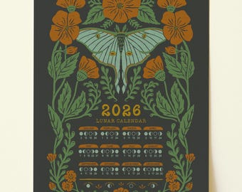 Calendario Lunar Luna Moth 2026 • Arte Vintage de las Fases Lunares con Elementos Botánicos • Lámina Decorativa Celestial Boho • Decoración Mágica Lunar para el Hogar
