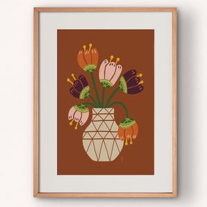 Jarrón de tulipanes de colores / Impresión de arte escandinavo moderno de mediados de siglo / Disponible en muchos tamaños estándar de EE. UU. desde 5 x 7 hasta 24 x 26 pulgadas