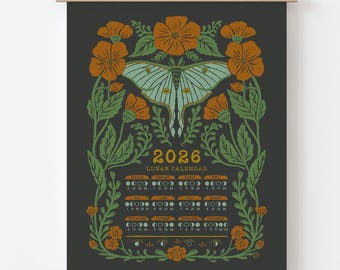 Calendario Lunar 2026 / Arte Botánico de la Polilla Luna y Flores Silvestres / Póster de las Fases Lunares Estilo Vintage / Impresión Mural de Naturaleza por Low Star Studio
