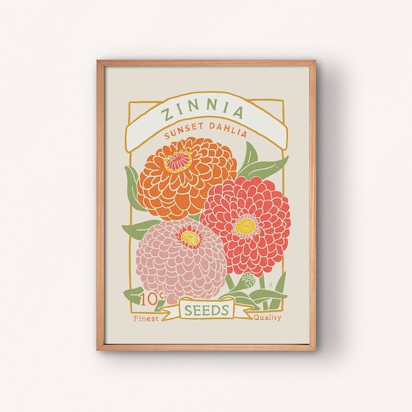 Zinnia Wall Art Printable | Seed Packet Art Print | Farmhouse Wall Art | Digital Download | Flower Market Wall Art |  Floral Print