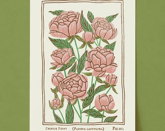 Lámina artística de peonía rosa: flor de nacimiento de noviembre de estilo vintage