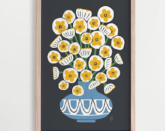 Mid-Century Modern Floral Art Print: White Bouquet on Black
