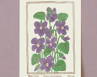 Lámina artística de violeta de madera: póster botánico de estilo vintage / Flor de nacimiento de febrero