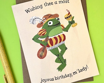 Medieval Bard Frog Birthday Card | Funny Best Friend Bookish Greeting Card (with Kraft Envelope)