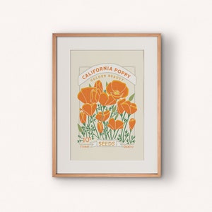 California Poppy Wall Art Printable | Seed Packet Art Print | Boho Wall Art | Digital Download Floral Art | Floral Wall Art | Poppy Poster