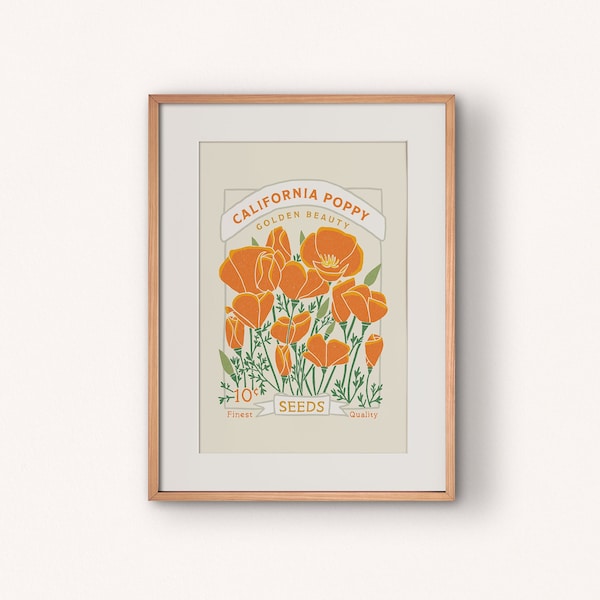 California Poppy Wall Art Printable | Seed Packet Art Print | Boho Wall Art | Digital Download Floral Art | Floral Wall Art | Poppy Poster