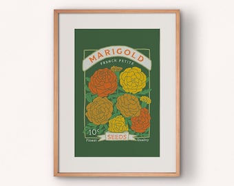 Impresión artística de un paquete de semillas de caléndula: póster floral de estilo vintage