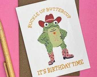 Funny Frog Birthday Card | Western Cowgirl Greeting (A2, Blank Inside) | Best Friend Birthday