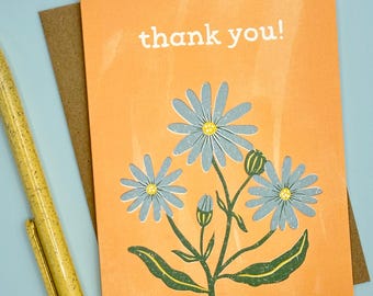 Tarjeta de agradecimiento, tarjeta de felicitación floral con margaritas de estilo folclórico, interior en blanco, tamaño A2.