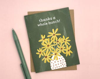 Tarjeta de agradecimiento con flores silvestres amarillas / Ilustración de ramo vintage, jarrón de lunares (tamaño A2 plegado, interior en blanco)