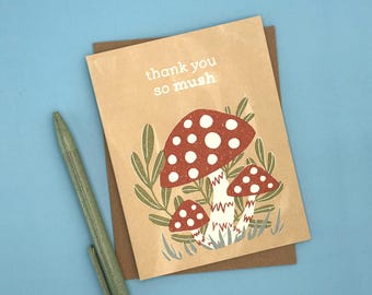 Tarjeta divertida con forma de seta / Juego de palabras con "Gracias por el seta" / Ilustración retro de la naturaleza / (A2, interior en blanco)