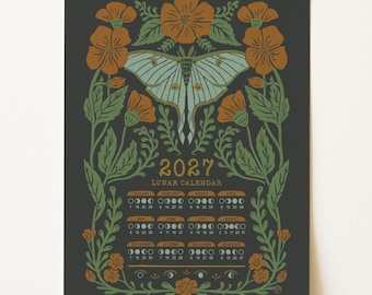 Luna Moth 2027 Lunar Calendar • Vintage Style Botanical Moon Phase Art • Boho Celestial Wall Print • Moon Magic Home Decor