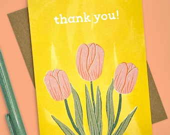 Tarjeta de agradecimiento con tulipanes de arte popular, nota de felicitación floral botánica (A2)