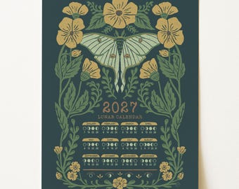 2027 Luna Moth Lunar Calendar • Botanical Moon Phase Art Print