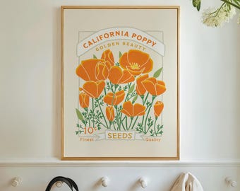 Lámina decorativa de pared con diseño de amapola de California, ilustración botánica vintage, decoración de jardín estilo cottagecore.