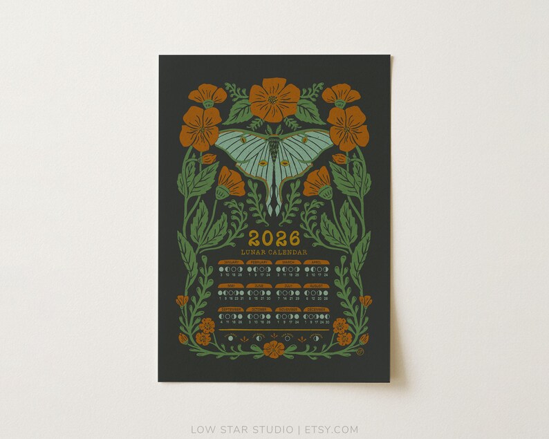 2026 Lunar Calendar | Luna Moth & Wildflower Botanical Art | Vintage ...
