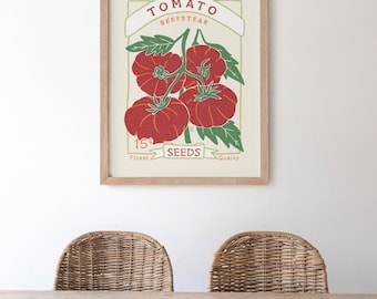 Impresión artística de un paquete de semillas de tomate Beefsteak: póster de cocina vintage