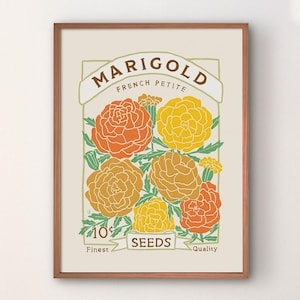 Póster con impresión artística de paquete de semillas de caléndula. Disponible en muchos tamaños estándar de EE. UU., desde 5 x 7 hasta 24 x 36 pulgadas.