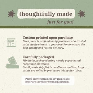 May include: An informational graphic with a sage green header containing the text "thoughtfully made just for you!" and two dark brown icons representing a print shop and packaging. The text details custom printing and packaging processes.