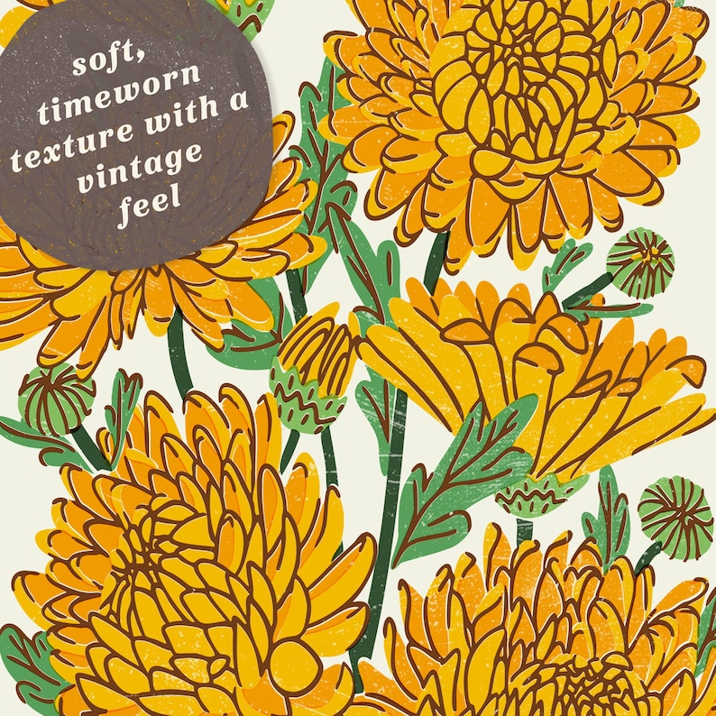 May include: A graphic illustration featuring vibrant yellow and orange chrysanthemum flowers with green stems and leaves on a cream background. A dark gray circular badge contains the white text: soft, timeworn texture with a vintage feel.