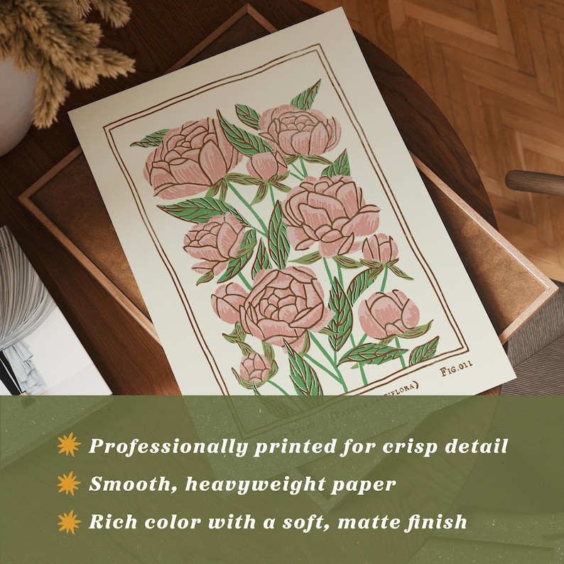 Pink Peony Art Print: Vintage Style November Birth Flower image 2