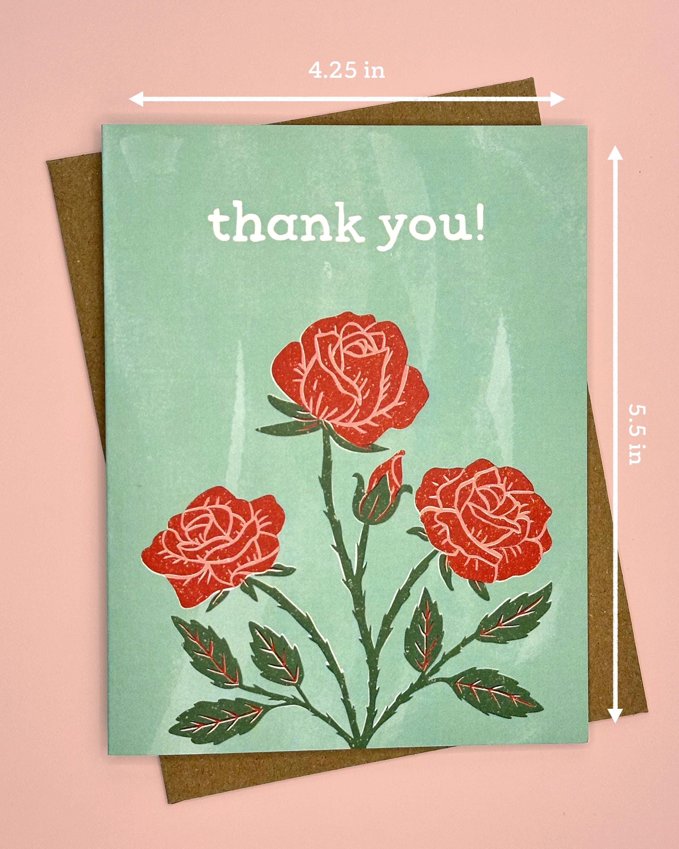 Rose Thank You Card, Hand Drawn Floral Greeting Card, Blank Inside, A2 ...