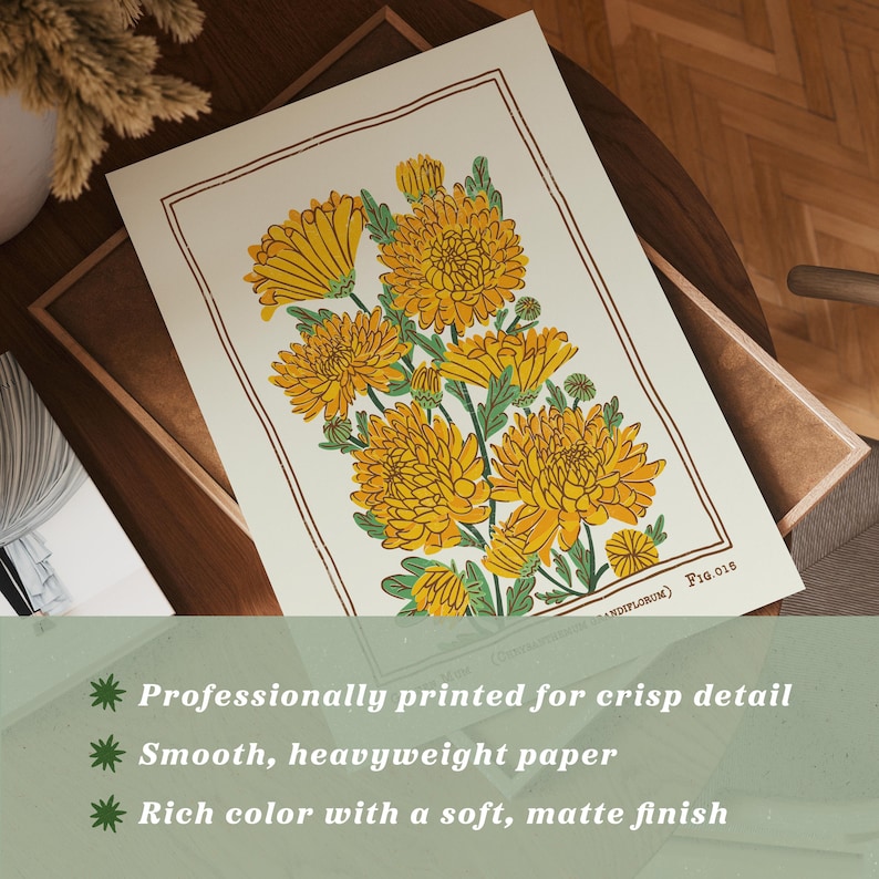 May include: A rectangular art print on off-white paper featuring a botanical illustration of yellow chrysanthemum flowers with green leaves, enclosed in a thin brown rectangular border, with the text Fig.016 printed in the bottom right corner.
