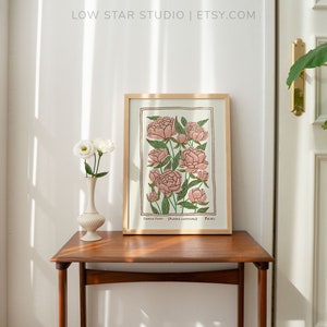 May include: A framed botanical illustration of pink peonies with green leaves and stems. The print is on a white background and has the text "Paeonia suffruticosa" and "Paeonia" below the image.