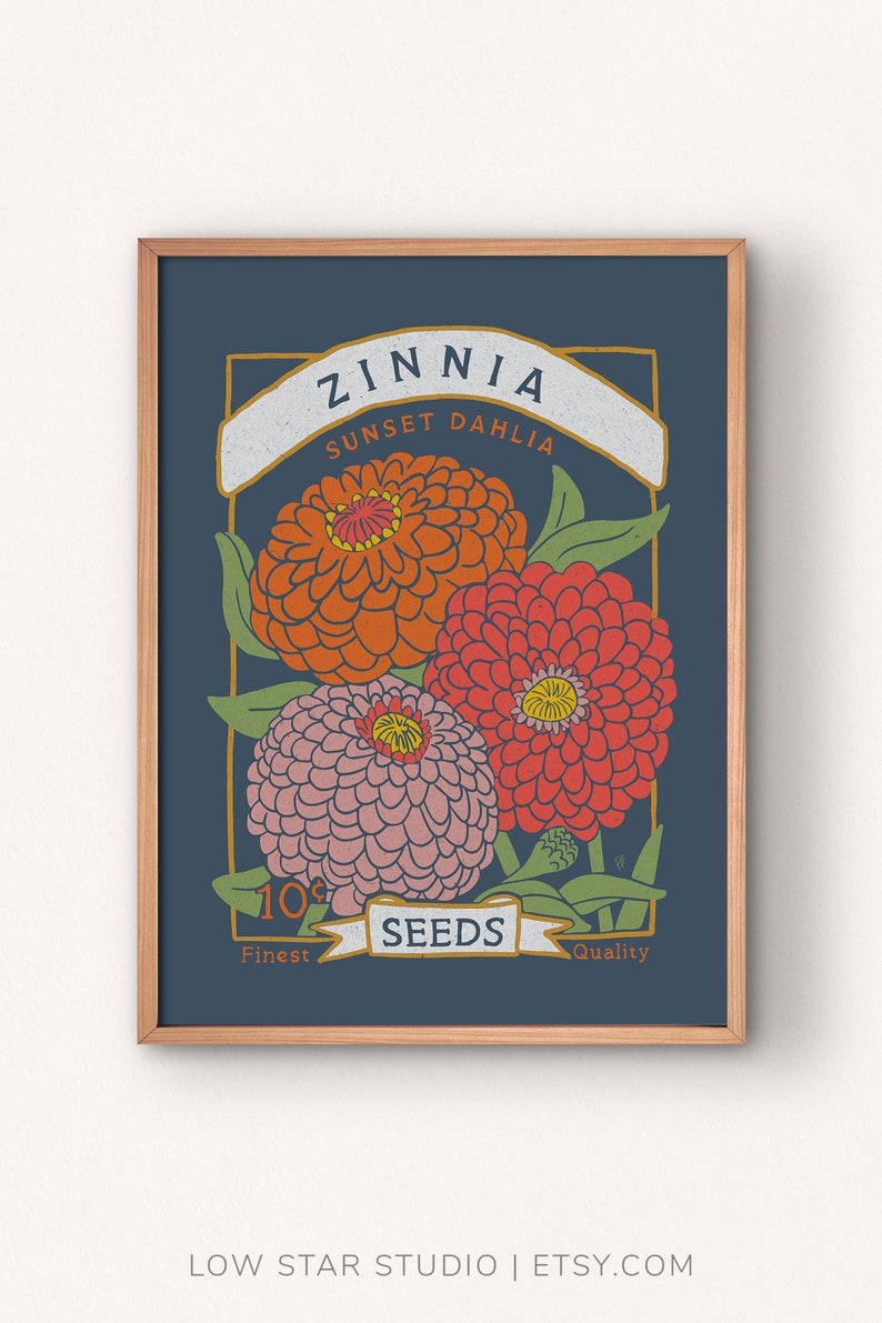 Zinnia Wall Art Printable Seed Packet Art Print Boho Wall Etsy