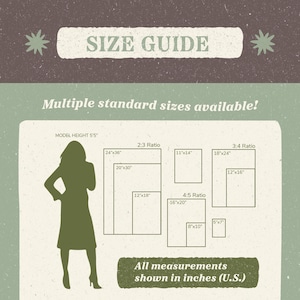 May include: A size guide chart with the text SIZE GUIDE and Multiple standard sizes available. It displays a silhouette of a person with model height 5'5" and various rectangular frames labeled with ratios and dimensions in inches, such as 24"x36", 20"x30", 12"x18", 11"x14", 18"x24", 12"x16", 16"x20", 8"x10", and 5"x7". The bottom text states All measurements shown in inches (U.S.).