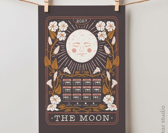 The Moon: Tarot Style Lunar Calendar 2027 | Illustrated Moon Cycles Poster in "Harvest Pink"