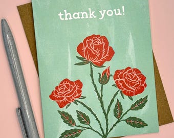 Tarjeta de agradecimiento con rosas, tarjeta de felicitación floral dibujada a mano, interior en blanco, tamaño A2.