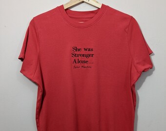 Size 20 Reworked Red T-Shirt Embroidered Jane Austen Quote - 'She was Stronger Alone' Feminist Author - Reworked - Bookish Clothing