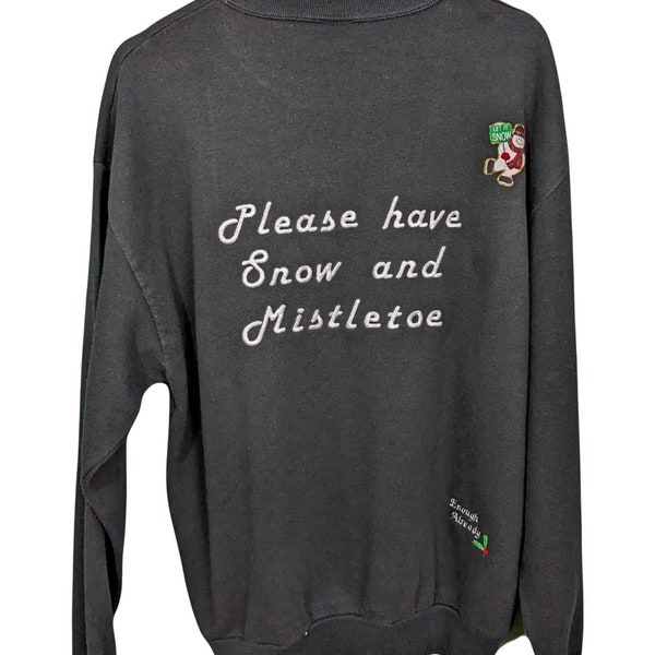 Size Large Reworked Vintage Black Sweatshirt with Embroidered I'll Be Home for Christmas Lyrics and Snowman Print (And Working Bell!)