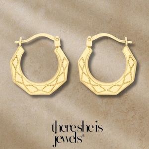 9k Gold Textured Hoops – Sculpted Angular Earrings (17mm)