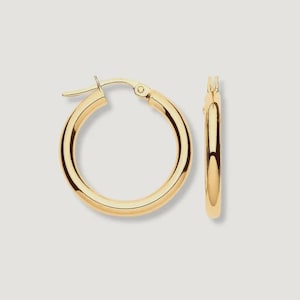 Pode incluir: Um par de brincos de argola em ouro polido. Um brinco é mostrado de frente, exibindo uma forma circular com um fecho de dobradiça. O segundo brinco está posicionado de lado, mostrando uma vista de perfil da banda de metal lisa e arredondada.