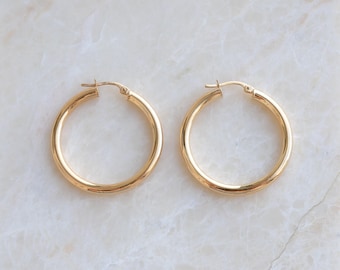 Pendientes de aro de oro macizo de 9 quilates / Aros redondos clásicos ligeros de 30 mm, con sello de garantía.
