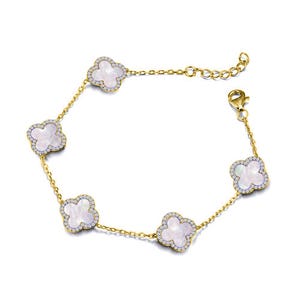 925 Silver 14ct gold Plated CZ Set 5 Clover Bracelet MOP White Colour