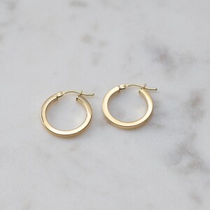 May include: A pair of small, polished gold hoop earrings with a smooth, flat surface and a hinged post closure. The earrings feature a circular design with a consistent thickness, showcasing a bright, reflective metallic finish throughout the piece.
