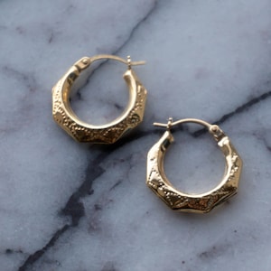 Gold Creoles 16mm Solid Gold Diamond Cut Earrings Minimalist Everyday Hoops Gift for Her