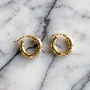 May include: A pair of small, polished gold hoop earrings. Each earring features a circular, thick-gauge band with a hinged post mechanism at the top, designed for secure closure. The metal surface is smooth, reflective, and uniform in color.