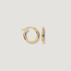 May include: A pair of gold hoop earrings featuring a polished, smooth, circular design. One earring is shown from a side profile view, while the other is displayed from a front-facing angle, highlighting the simple, continuous metal band structure.