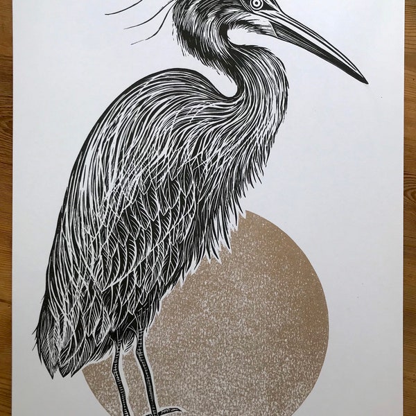 Risograph Heron Print. A3. Gold and black. From an original linocut. Limited edition of 50. Posted flat.