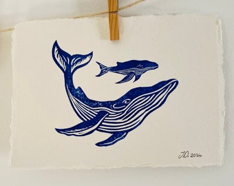 Humpbacks. A5 on Khadi (cotton rag) paper Edition of 30. In Pthalo Blue.