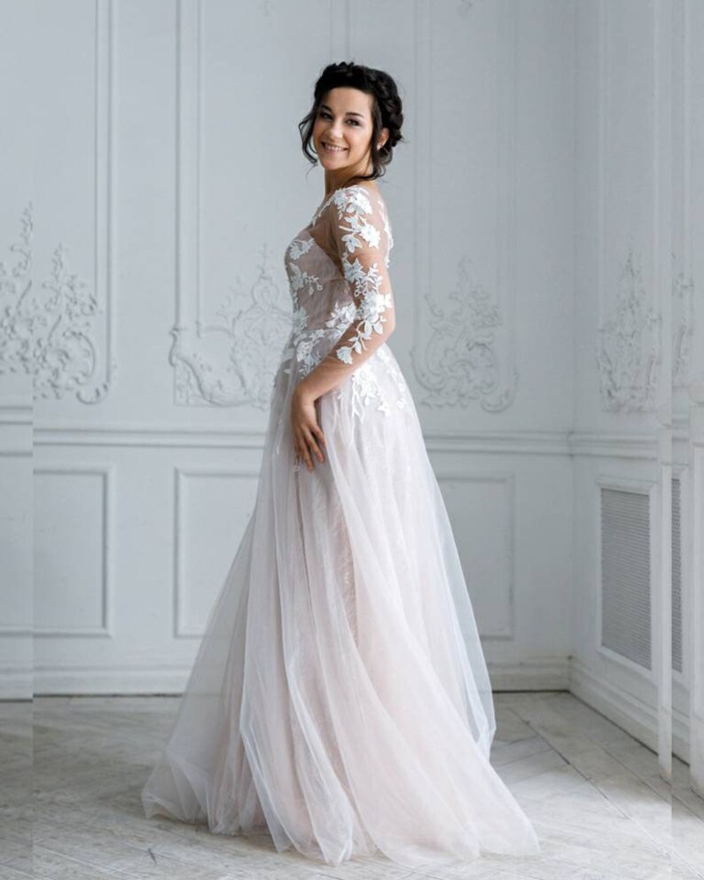 Tulle wedding dress with floral lace long sleeves bohemian