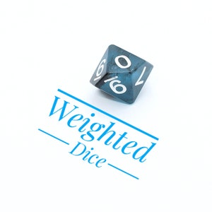 May include: A single, dark teal, weighted die with white numbering. The die is a multi-sided shape, with the numbers 0, 1, and 6 visible. The text "Weighted Dice" is printed in blue on the white background.