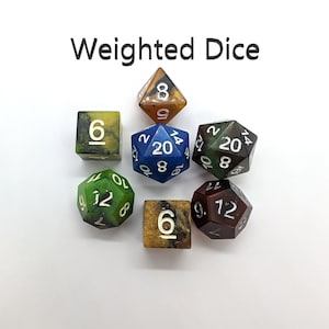 May include: An assortment of polyhedral dice in various colors, including green, blue, brown, and yellow. The dice are arranged on a white surface, with the text "Weighted Dice" at the top. Each die has white numbers.